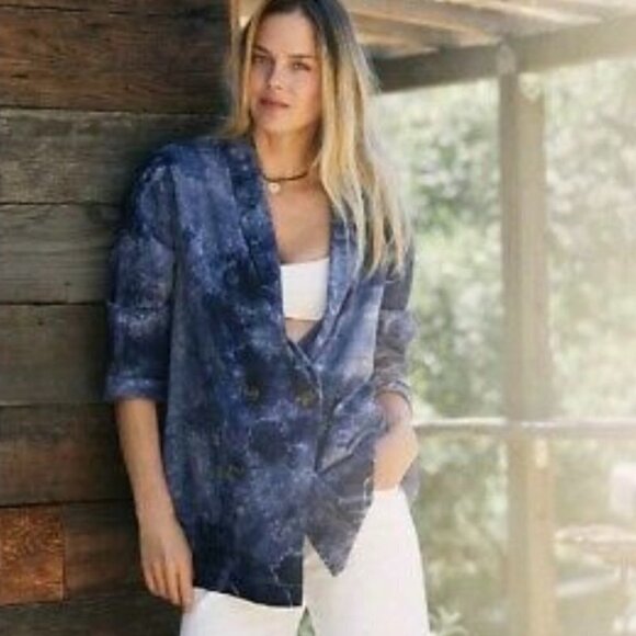 Anthropologie AMADI Purple Boho Tie Dye Linen Oversized Coastal Small Blazer - Picture 1 of 8